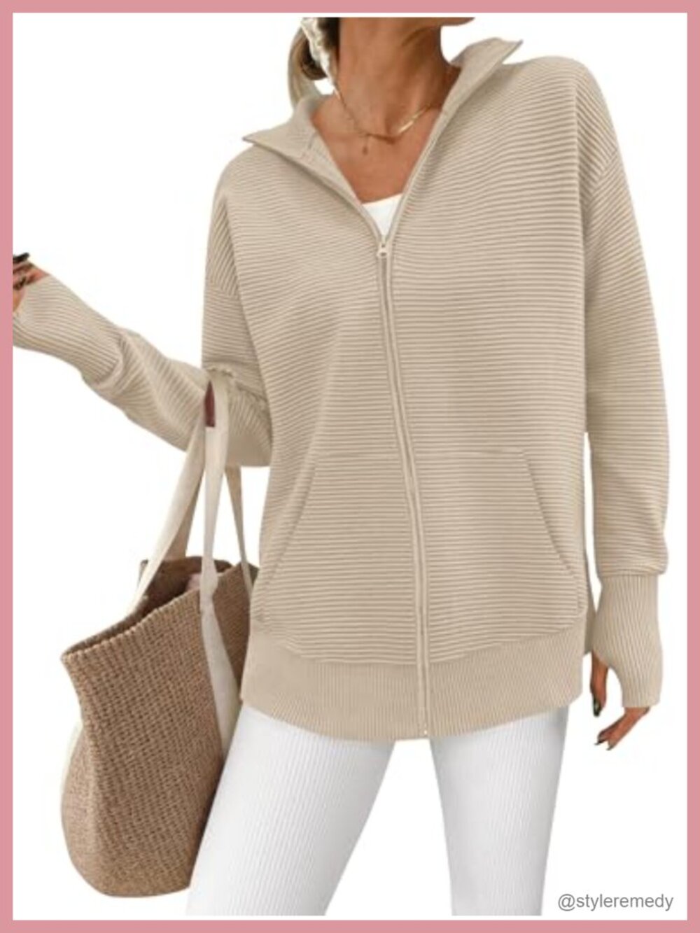 Zip Front Cardigan Sweater with Thumb Holes and Pocket